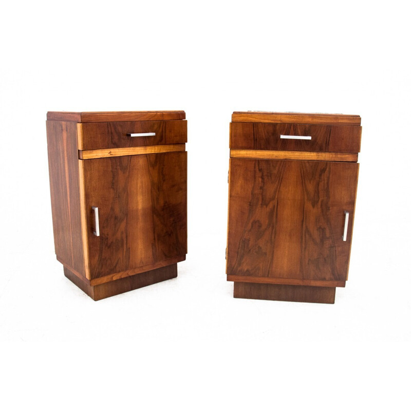 Pair of vintage Art Deco walnut night stands, Poland 1950s