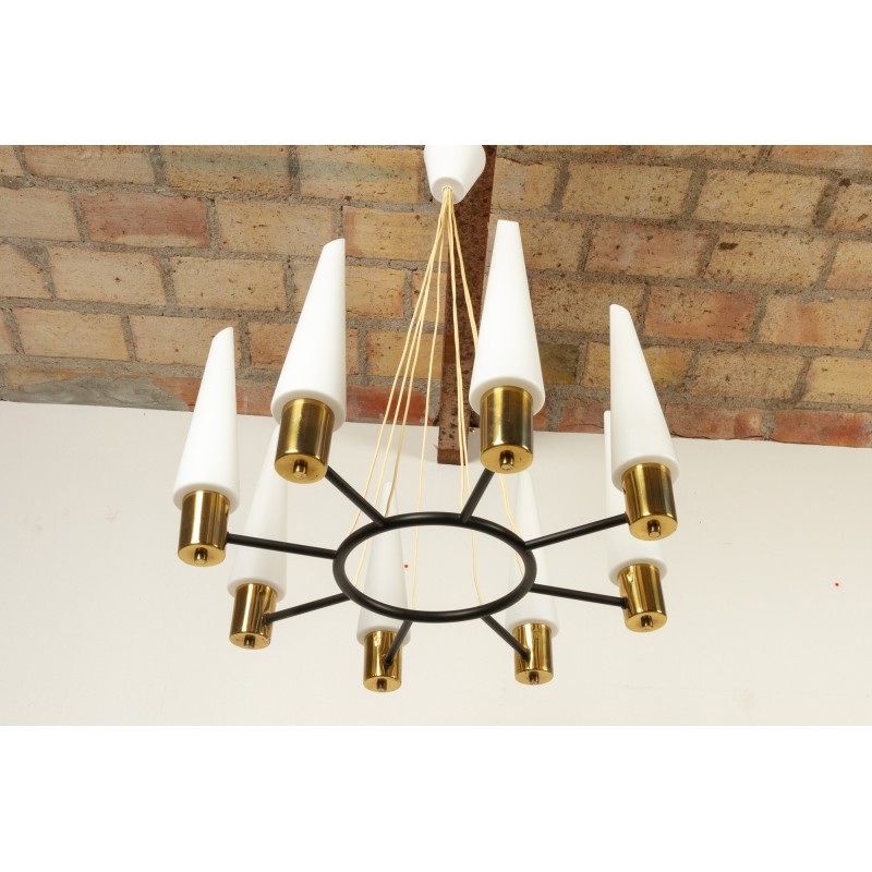 Vintage chandelier in brass and opal glass, 1960