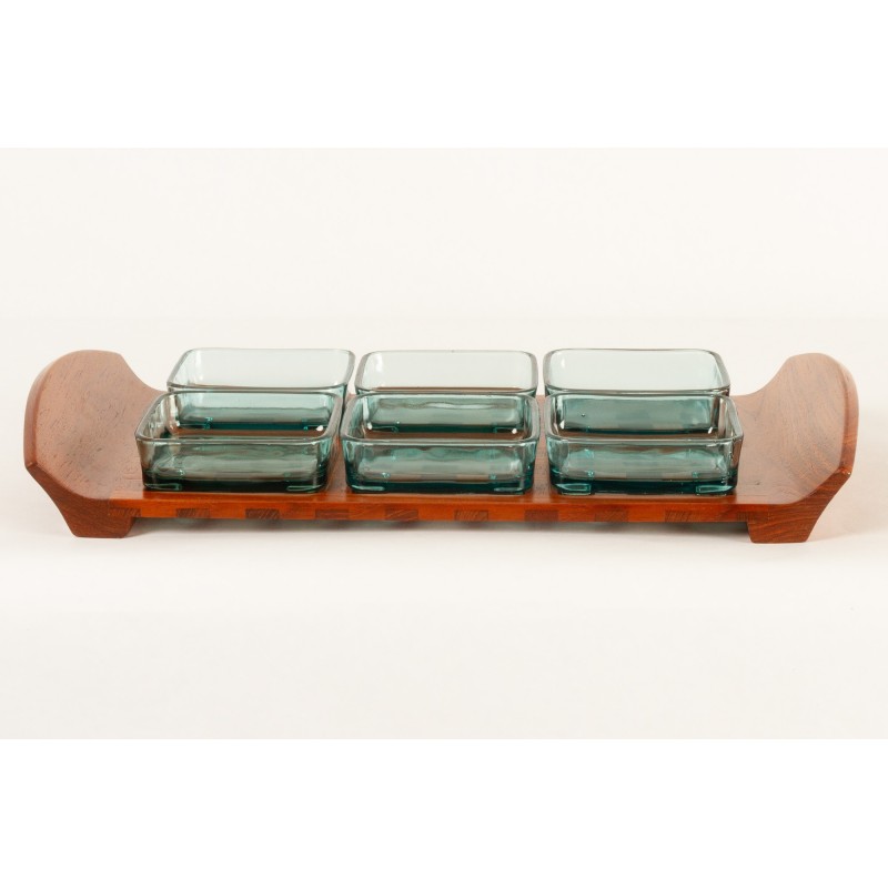 Vintage tray with 6 cups in teak and glass by Jens Quistgaard for Jhq Dansk Designs, Denmark 1960