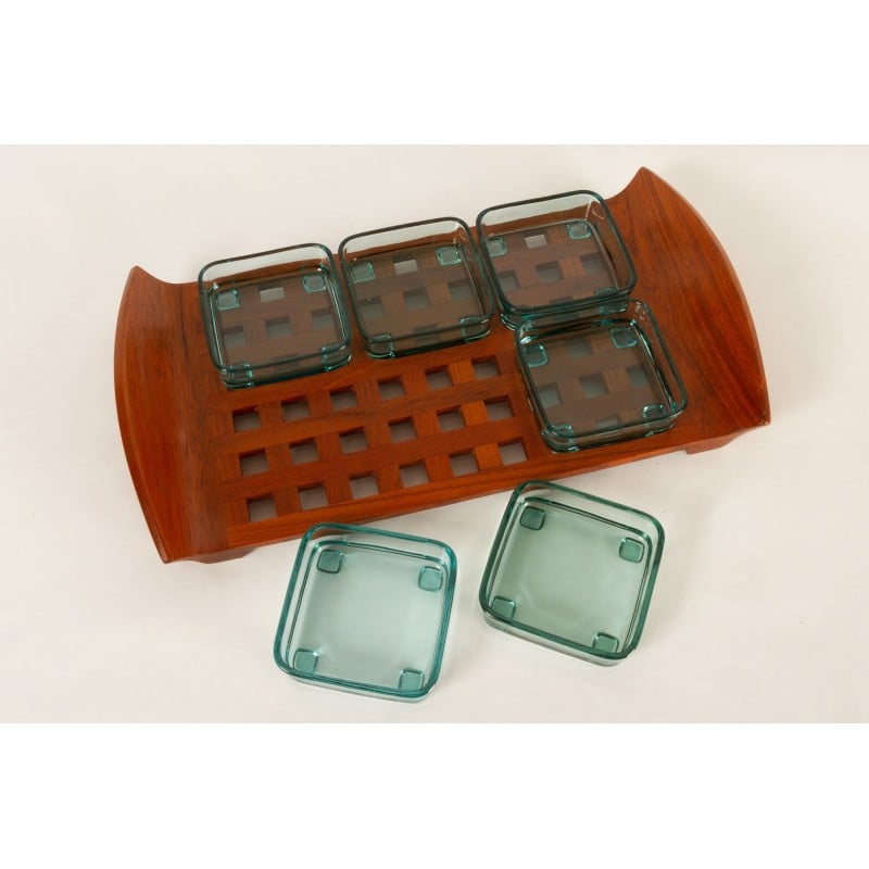 Vintage tray with 6 cups in teak and glass by Jens Quistgaard for Jhq Dansk Designs, Denmark 1960