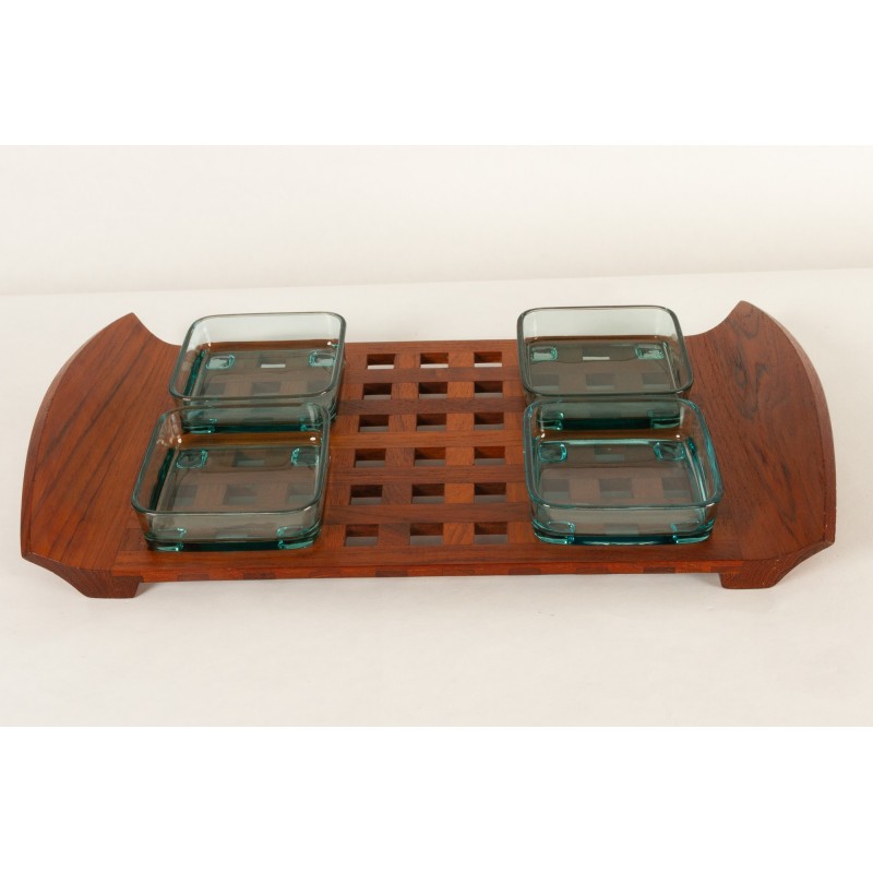 Vintage tray with 6 cups in teak and glass by Jens Quistgaard for Jhq Dansk Designs, Denmark 1960