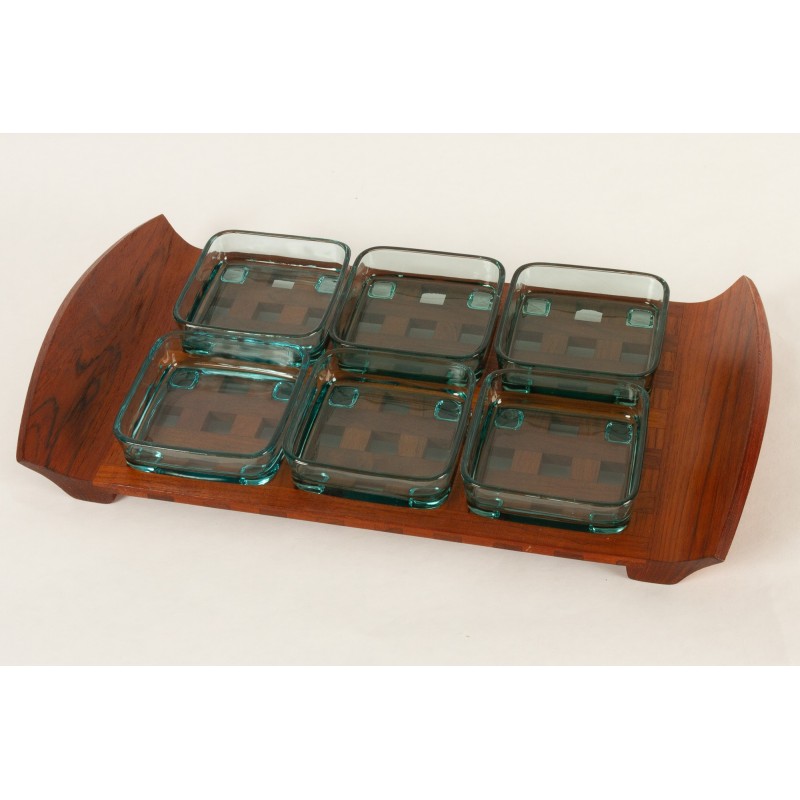 Vintage tray with 6 cups in teak and glass by Jens Quistgaard for Jhq Dansk Designs, Denmark 1960