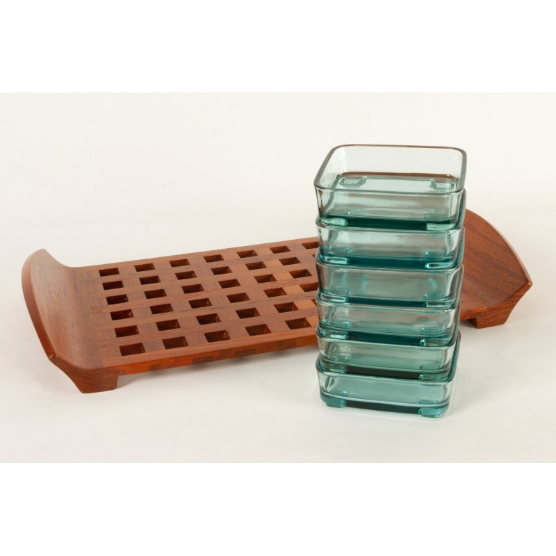 Vintage tray with 6 cups in teak and glass by Jens Quistgaard for Jhq Dansk Designs, Denmark 1960