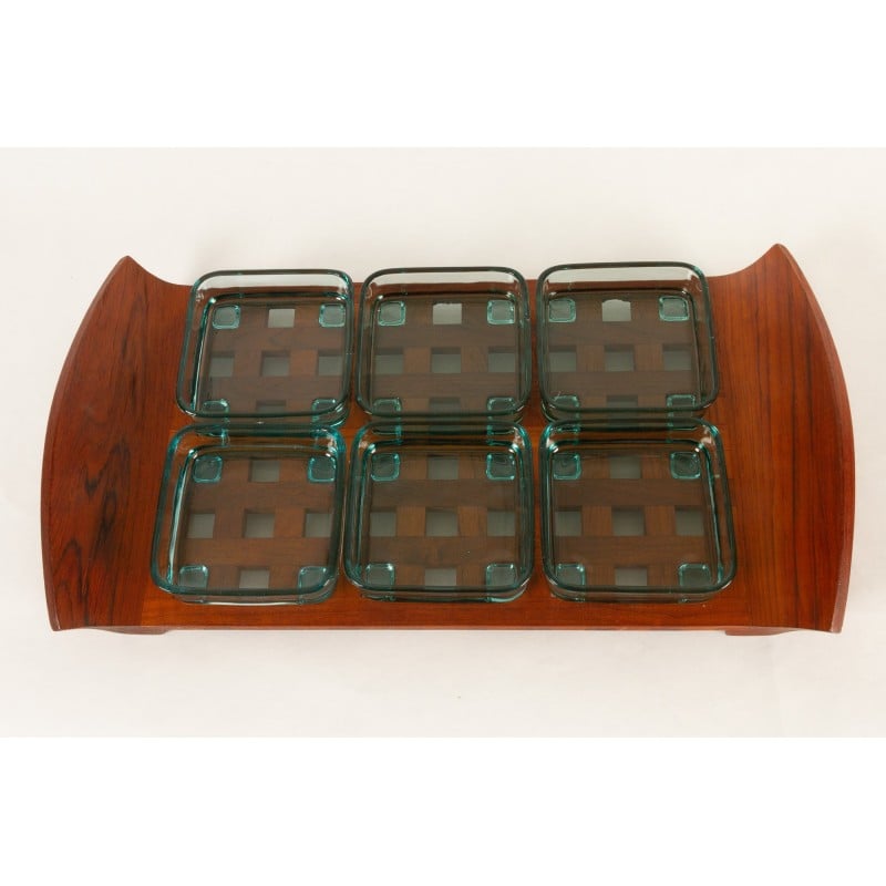 Vintage tray with 6 cups in teak and glass by Jens Quistgaard for Jhq Dansk Designs, Denmark 1960