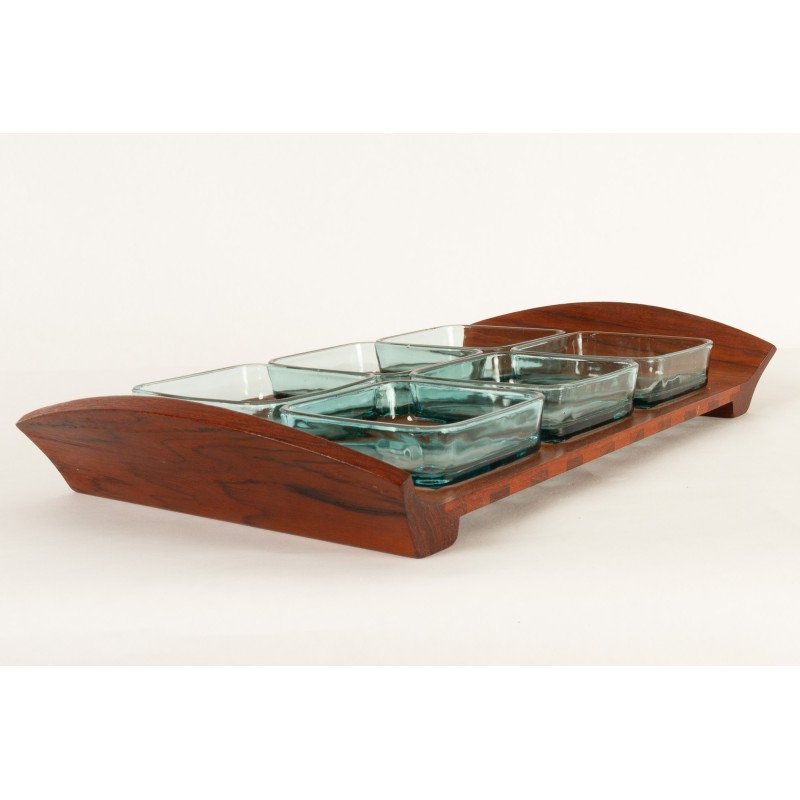 Vintage tray with 6 cups in teak and glass by Jens Quistgaard for Jhq Dansk Designs, Denmark 1960