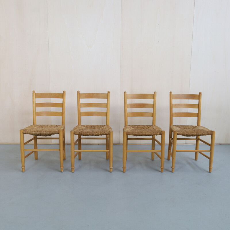 Set of 4 vintage rattan ladder chairs