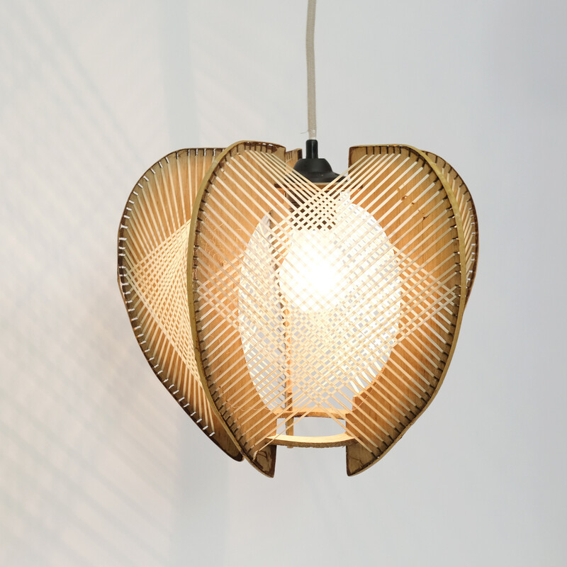 Vintage wire and wood pendant lamp, France 1960-1970