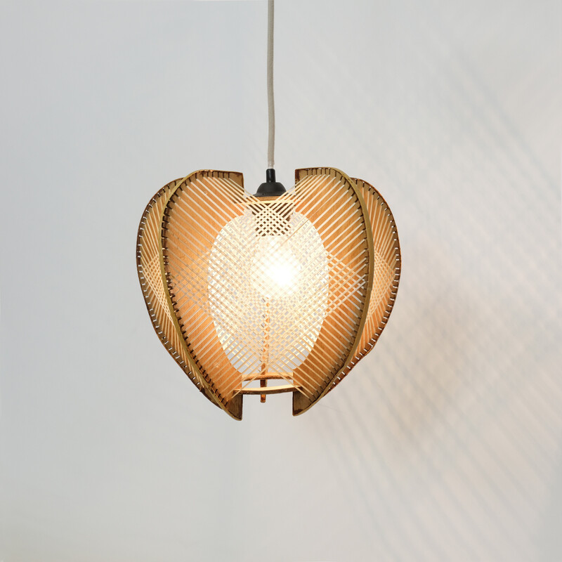 Vintage wire and wood pendant lamp, France 1960-1970