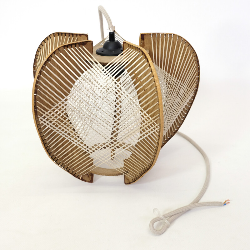 Vintage wire and wood pendant lamp, France 1960-1970