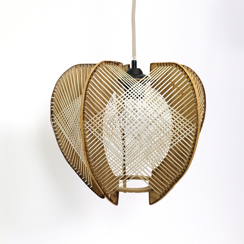 Vintage wire and wood pendant lamp, France 1960-1970