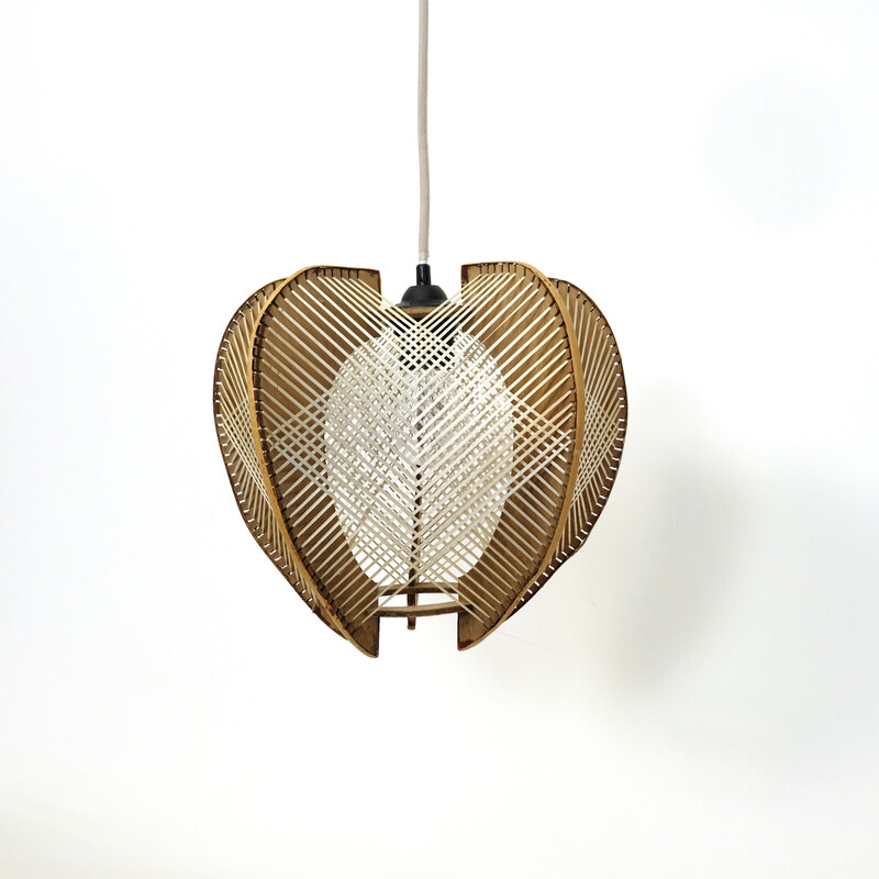 Vintage wire and wood pendant lamp, France 1960-1970