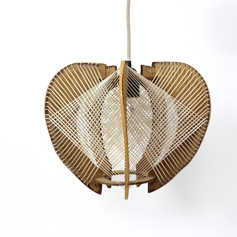 Vintage wire and wood pendant lamp, France 1960-1970