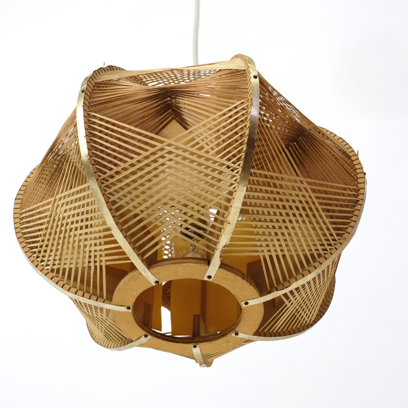 Vintage wire and wood pendant lamp, France 1970