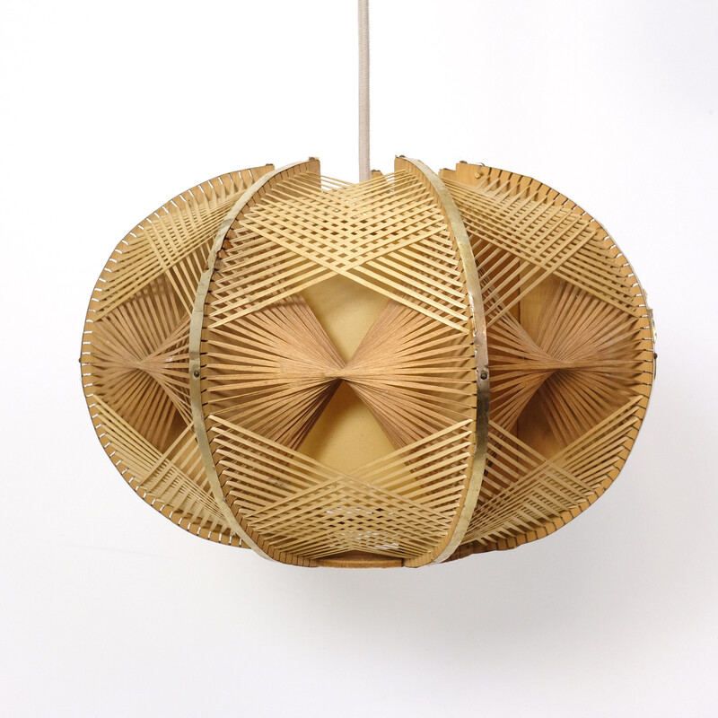 Vintage wire and wood pendant lamp, France 1970