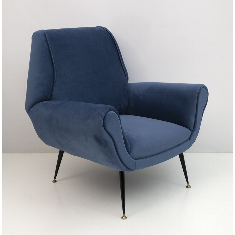 Coppia di poltrone vintage in velluto blu di Gigi Radice per Minotti, 1950