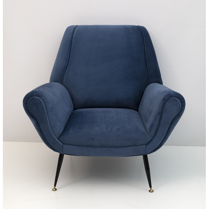 Coppia di poltrone vintage in velluto blu di Gigi Radice per Minotti, 1950