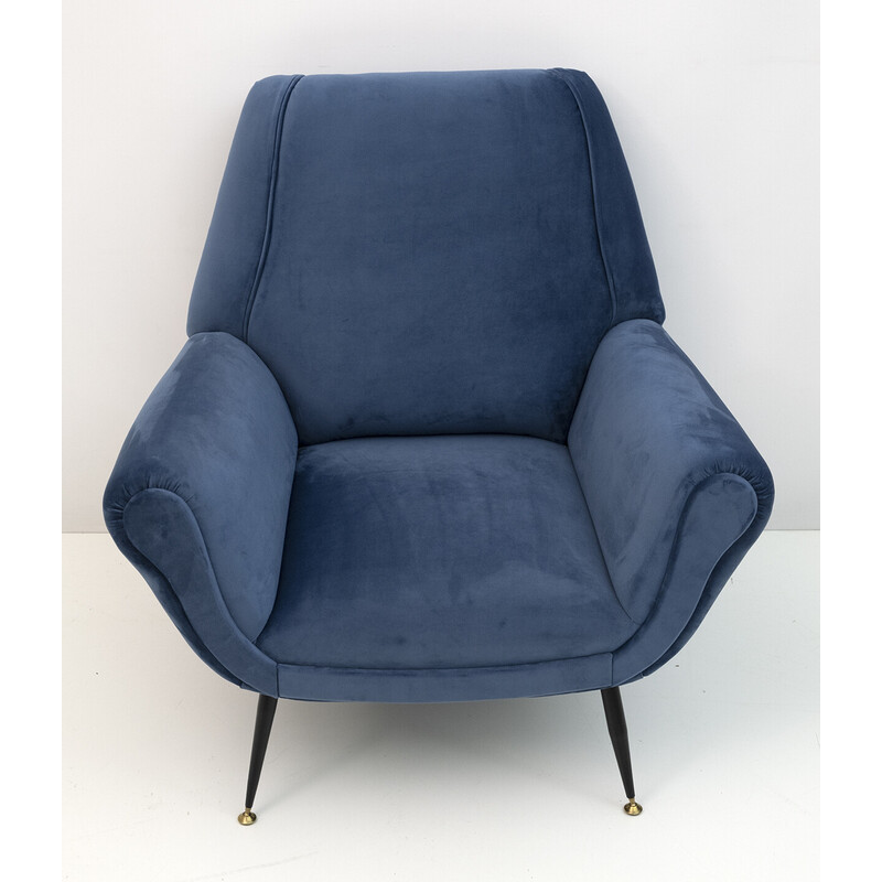 Paar vintage blauw fluwelen fauteuils van Gigi Radice voor Minotti, 1950