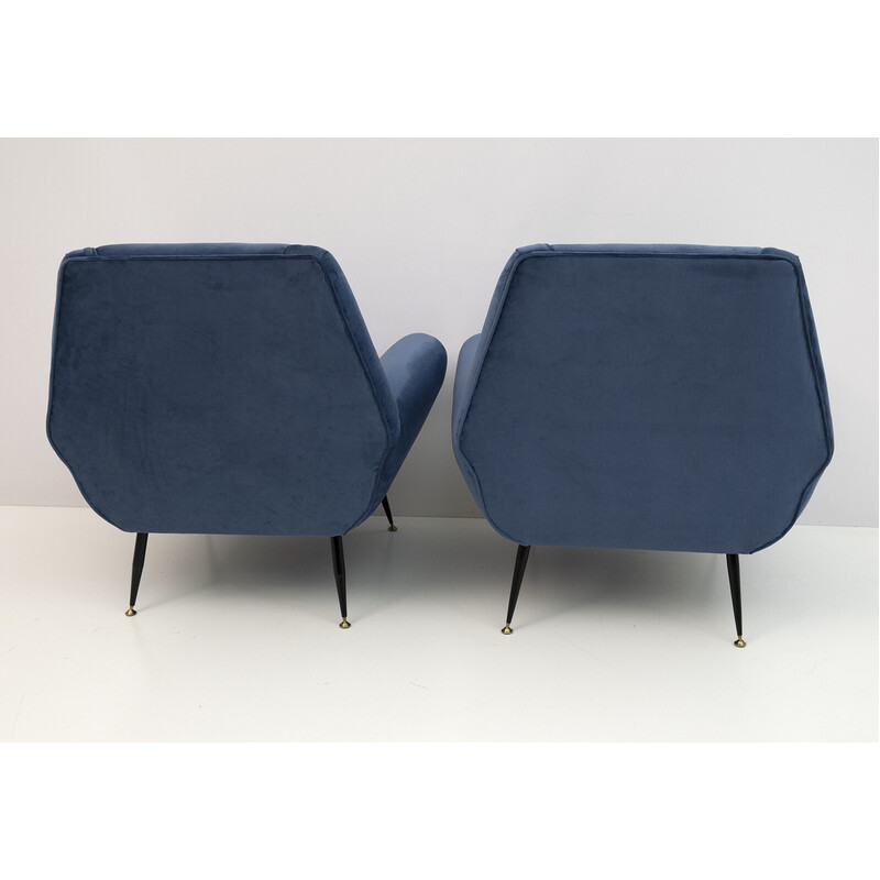 Paar vintage blauw fluwelen fauteuils van Gigi Radice voor Minotti, 1950