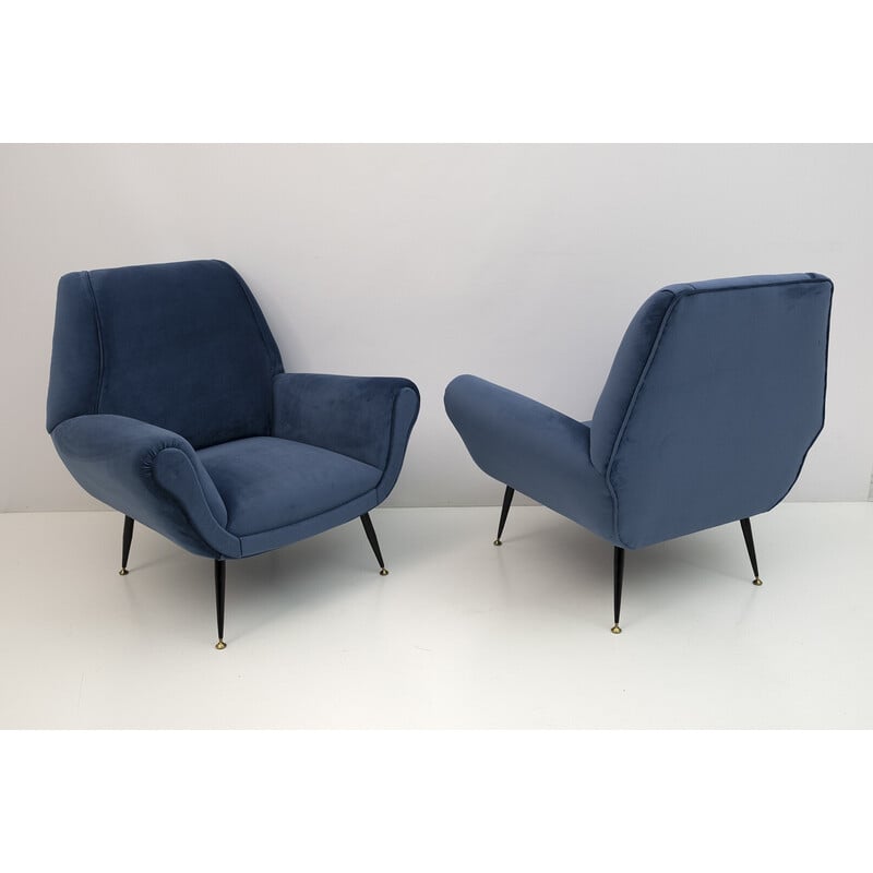 Par de poltronas de veludo azul vintage de Gigi Radice para Minotti, 1950