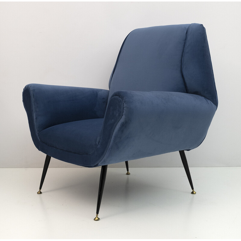 Coppia di poltrone vintage in velluto blu di Gigi Radice per Minotti, 1950