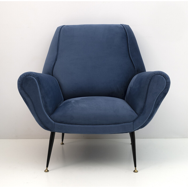 Paar vintage blauw fluwelen fauteuils van Gigi Radice voor Minotti, 1950