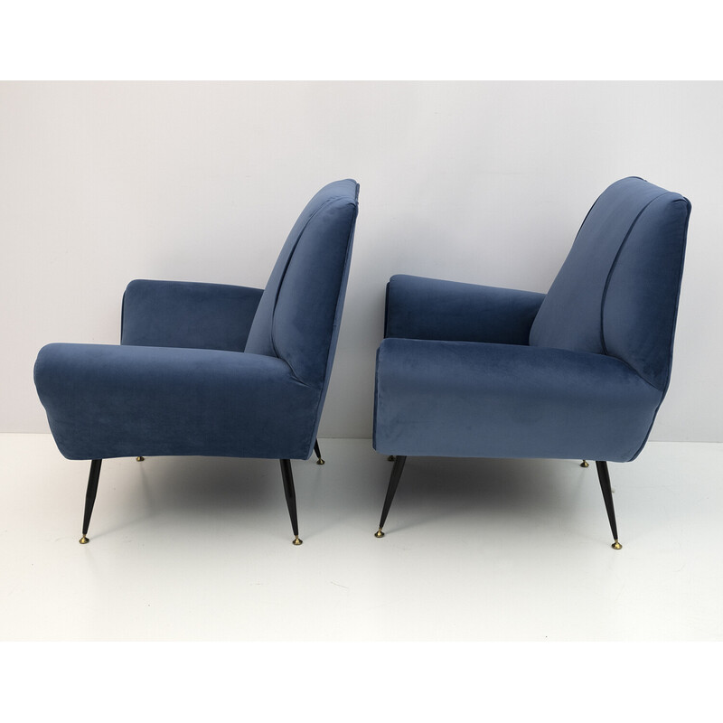 Par de poltronas de veludo azul vintage de Gigi Radice para Minotti, 1950