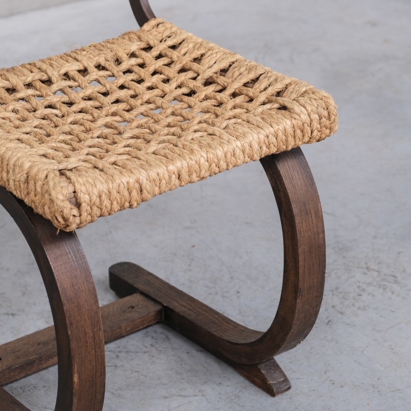 Silla de escritorio vintage de roble y cuerda de Audoux-Minet, Francia 1960