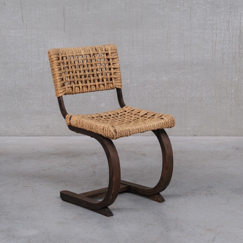 Vintage desk chair in oak and rope by Audoux-Minet, France 1960