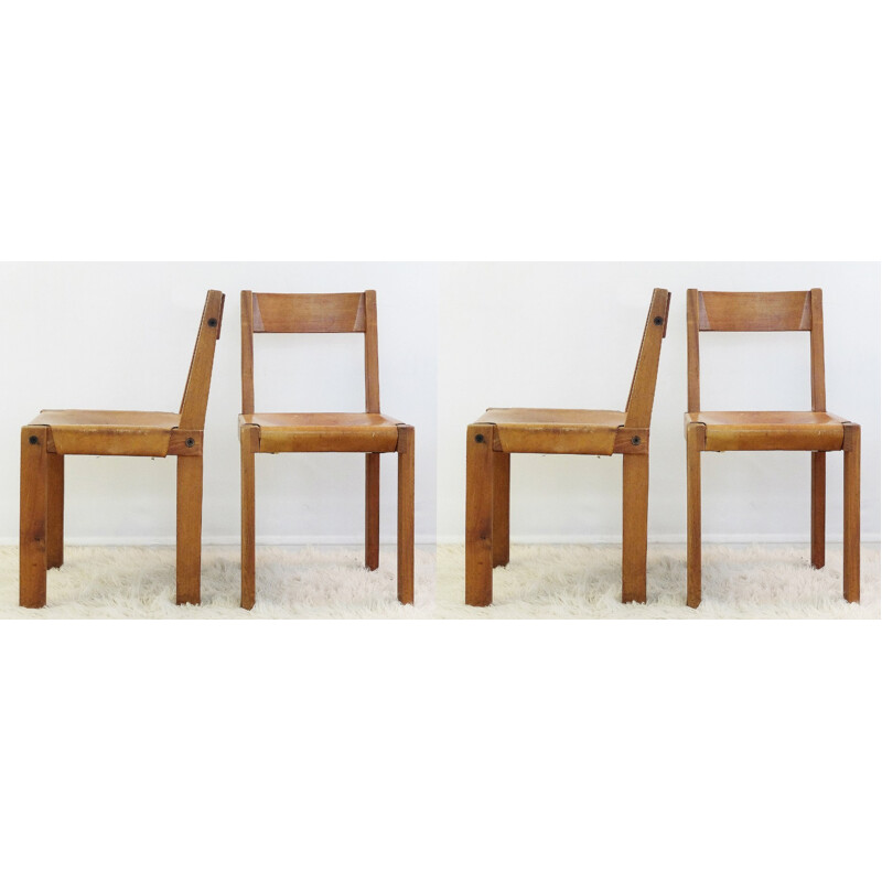 Set of 4 chairs in ash and leather by Pierre Chapo