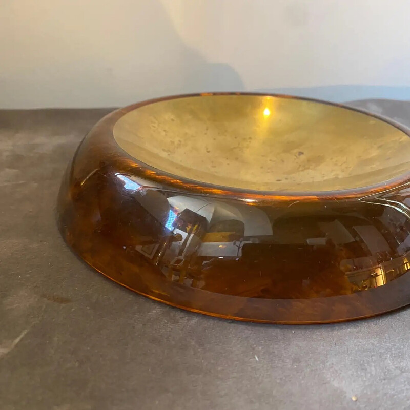 Cendrier vintage en fausse lucite tortue et laiton, Italie 1980