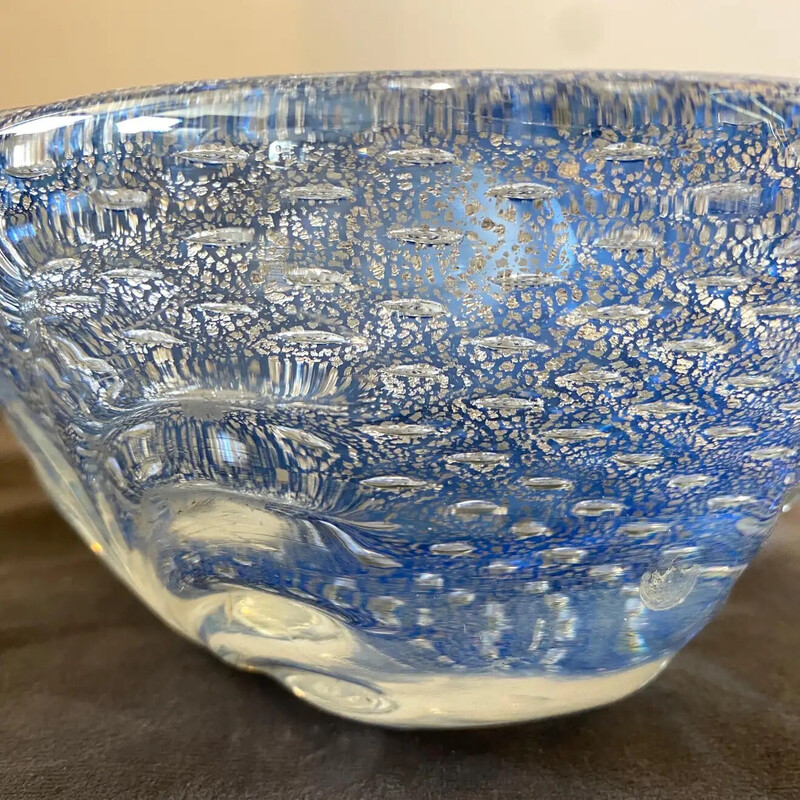 Vintage blue and silver Murano glass bowl, Italy 1980