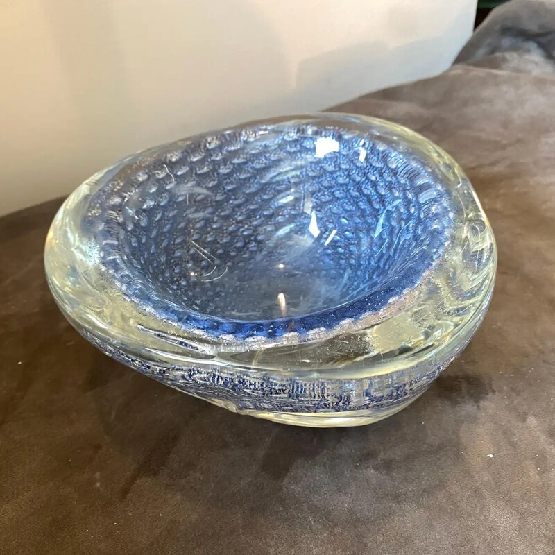 Vintage blue and silver Murano glass bowl, Italy 1980