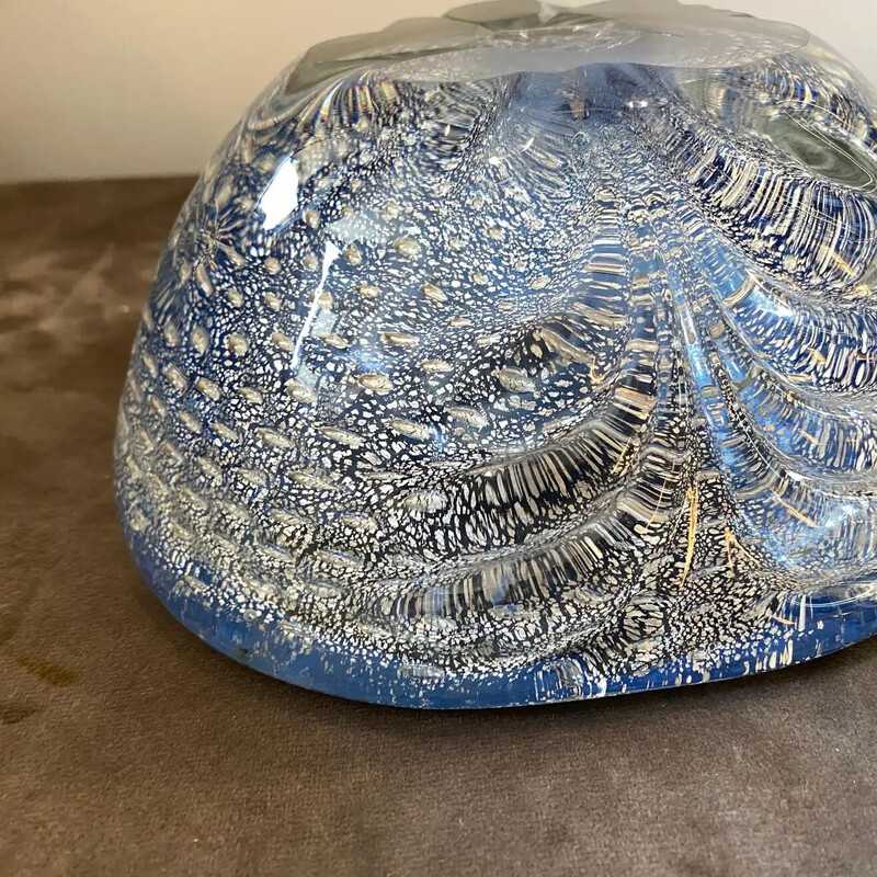 Vintage blue and silver Murano glass bowl, Italy 1980