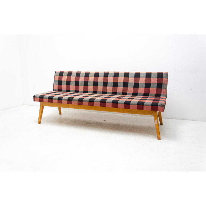 Vintage beech and fabric folding sofa bed by Miroslav Navrátil, Czechoslovakia 1960