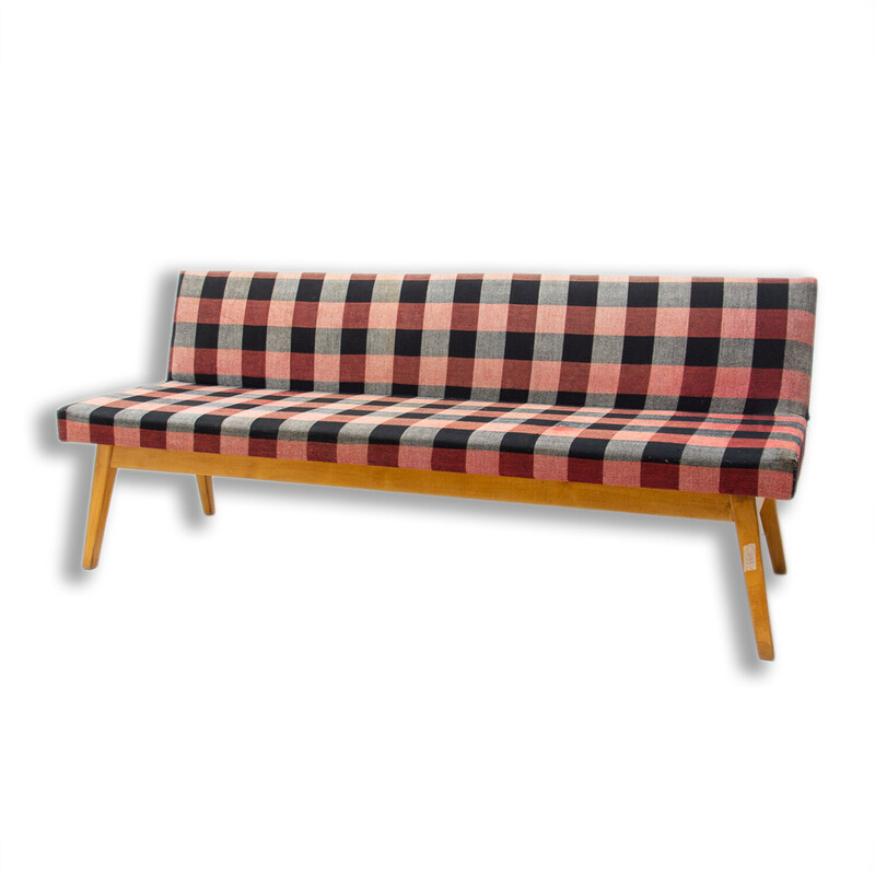 Vintage beech and fabric folding sofa bed by Miroslav Navrátil, Czechoslovakia 1960