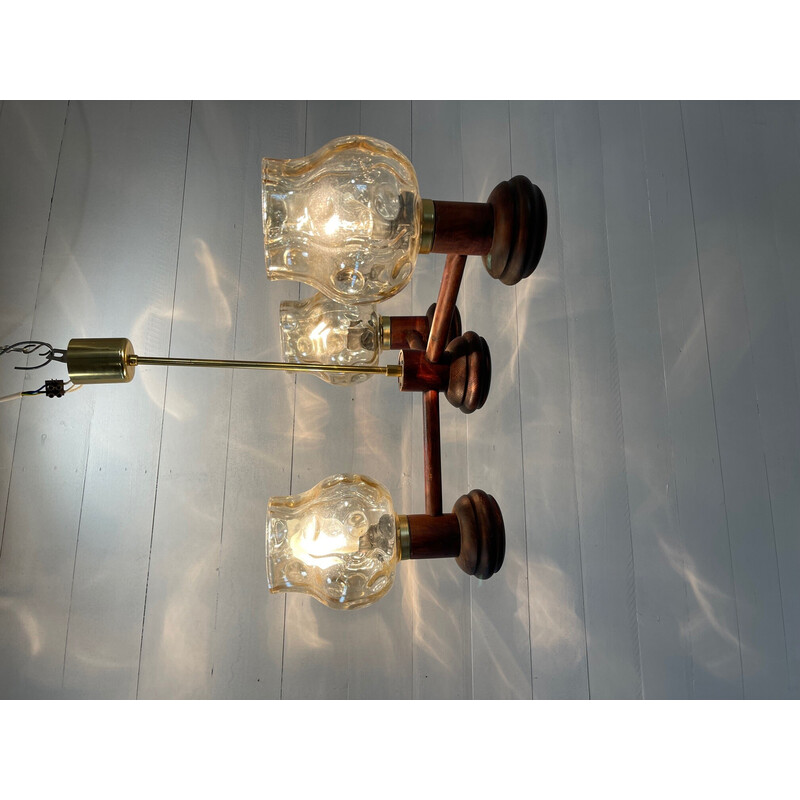 Lampadario vintage drevo humpolec in legno, ottone e vetro