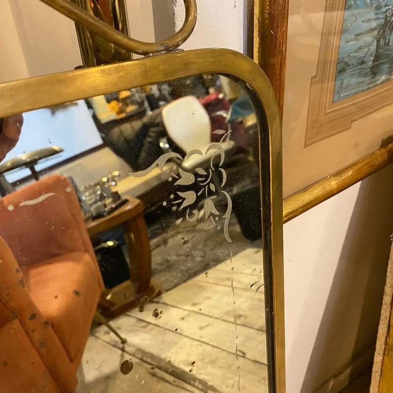 Specchio da parete di metà secolo in ottone e vetro acidato, anni '50