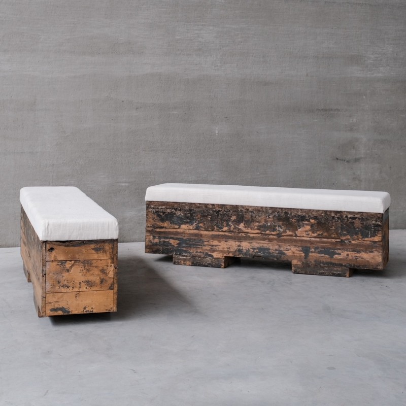 Spanish vintage upholstered industrial wooden bench, 1920s