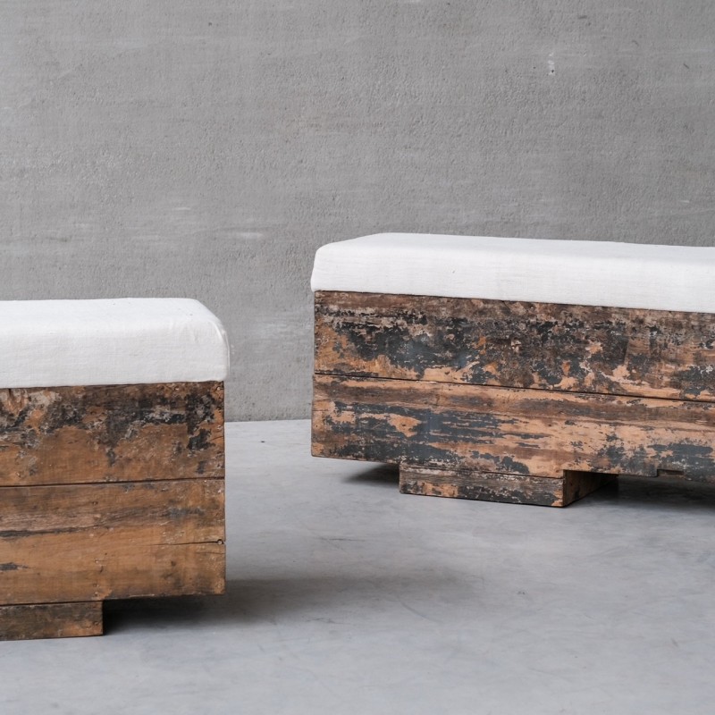 Spanish vintage upholstered industrial wooden bench, 1920s