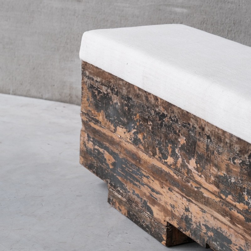 Spanish vintage upholstered industrial wooden bench, 1920s