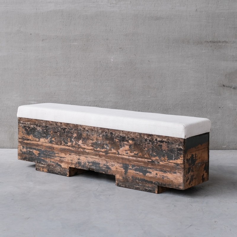 Spanish vintage upholstered industrial wooden bench, 1920s