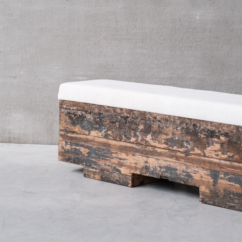 Spanish vintage upholstered industrial wooden bench, 1920s
