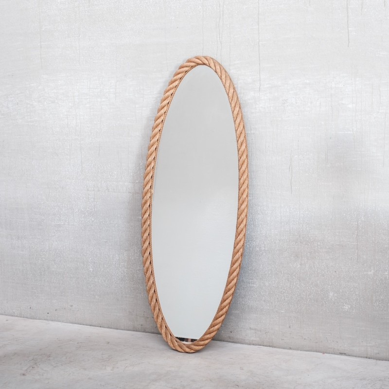 Franse mid-eeuwse touw ovale spiegel van Audoux-Minet, 1960