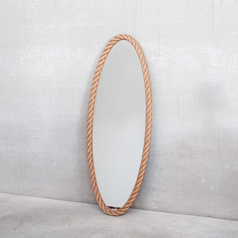 Miroir ovale vintage en corde par Audoux-Minet, 1960