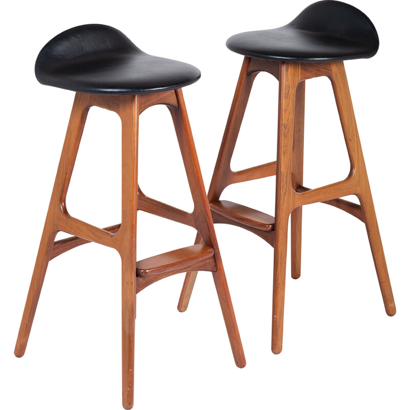 Pair of vintage bar stools in leather and rosewood by Erik Buch for Oddense Møbelfabrik, 1960