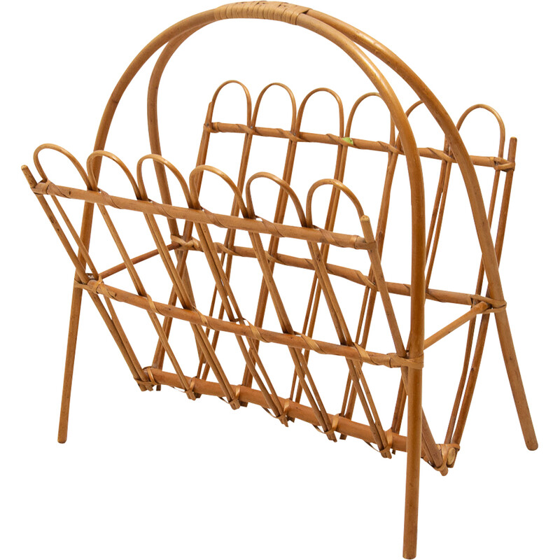 Mid century rattan magazine rack by Jan Kalous for Úluv, Czechoslovakia 1960