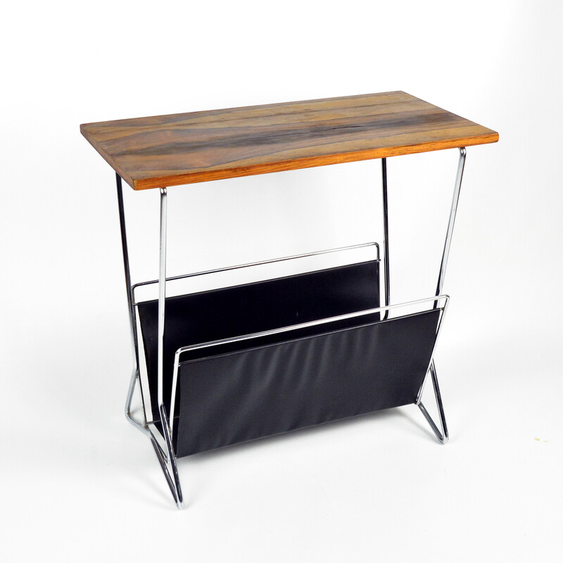 Vintage metal newspaper rack with a rosewood top, Sweden 1970s