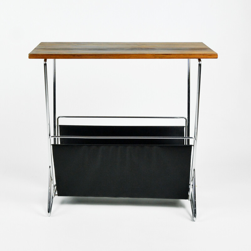 Vintage metal newspaper rack with a rosewood top, Sweden 1970s