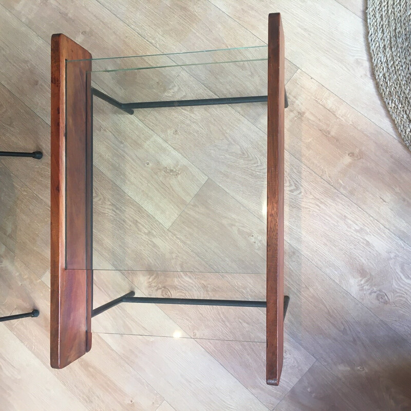 Table basse vintage avec deux plateaux en verre, 1950