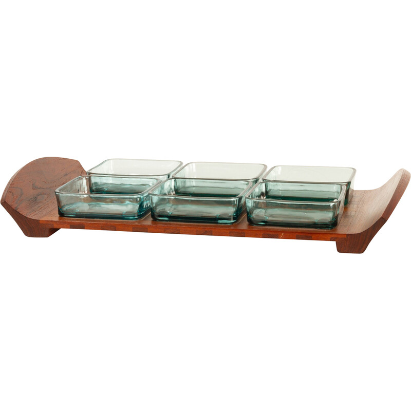 Vintage tray with 6 cups in teak and glass by Jens Quistgaard for Jhq Dansk Designs, Denmark 1960